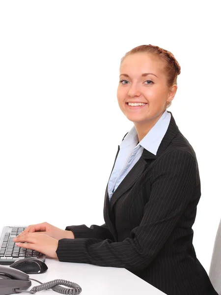 Jovem Mulher Local Trabalho Escritório Isolado Branco — Fotografia de Stock