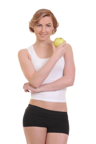 Beyaz Arka Planda Elma Taşıyan Sağlıklı Genç Bir Kadın — Stok fotoğraf