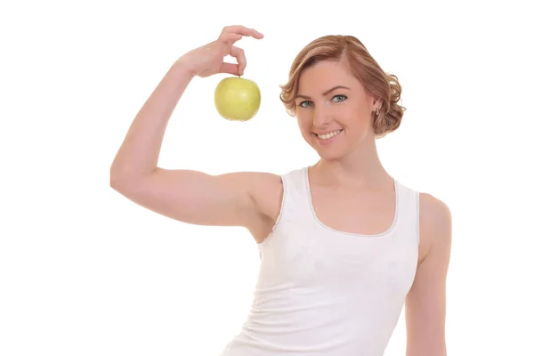 年轻健康的女人 有白色背景的苹果 — 图库照片