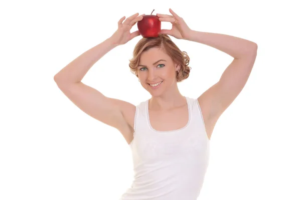 年轻健康的女人 有白色背景的苹果 — 图库照片