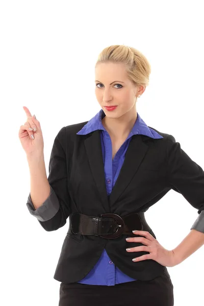 Portrait Young Smiling Business Woman Pointing Finger — Stock Photo, Image