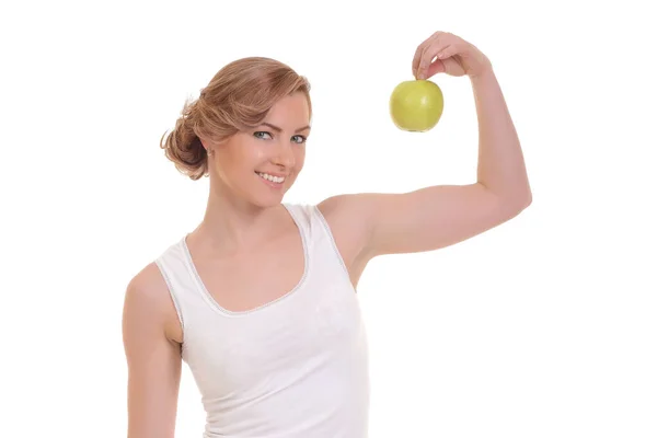 Beyaz Arka Planda Elma Taşıyan Sağlıklı Genç Bir Kadın — Stok fotoğraf
