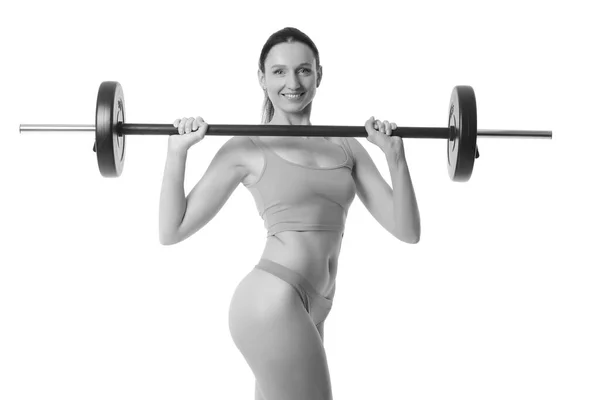 Young Strong Girl Raises Barbell Black Background — Stock Photo, Image