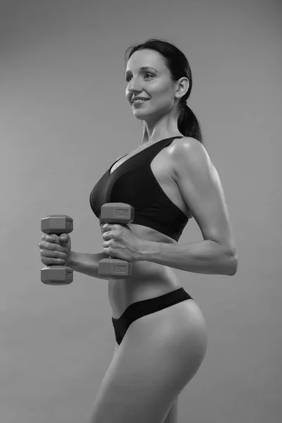 Beautiful Fitness Woman Lifting Dumbbells White Background — Stock Photo, Image