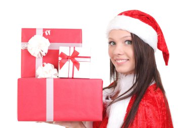 Noel Noel Baba şapkası izole kadın portre tutun yılbaşı hediyesi