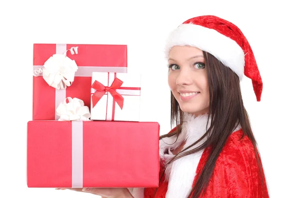 Christmas santa hat geïsoleerde vrouw portret houden de gift van Kerstmis — Stockfoto