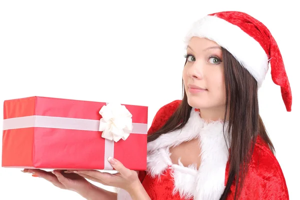 Christmas Santa hat isolated woman portrait hold christmas gift Stock Photo