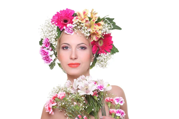 Portrait of beauty with a flowered head — Stock Photo, Image