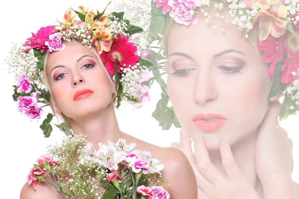 Portrait of beauty with a flowered head — Stock Photo, Image