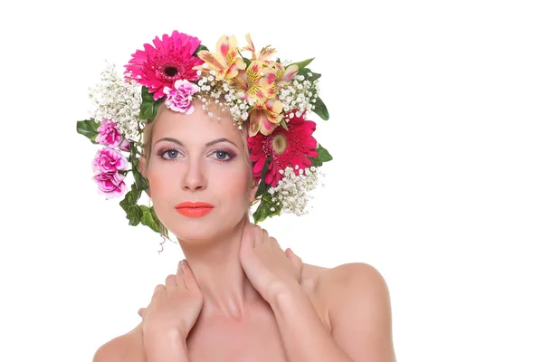 Portrait of beauty with a flowered head — Stock Photo, Image