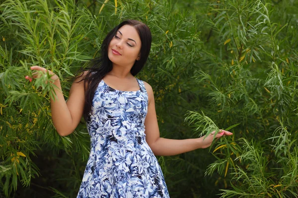 Sexy young woman in dress in the grass — Stock Photo, Image