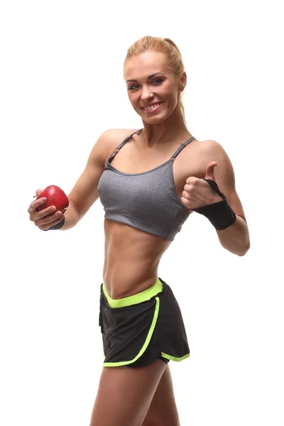 Young fitness woman happy smiling holding apple — Stock Photo, Image