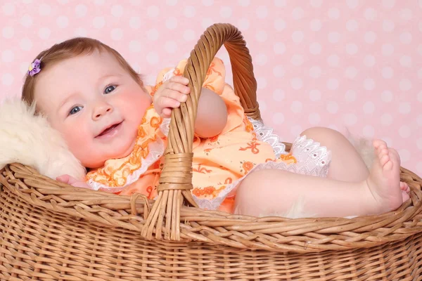 L sorrindo bebê bonito feliz adorável child.baby em uma cesta — Fotografia de Stock