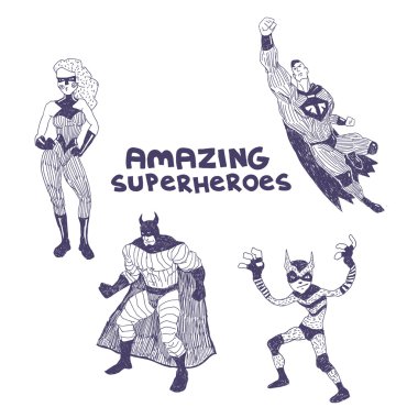 Superheros vector drawings set clipart