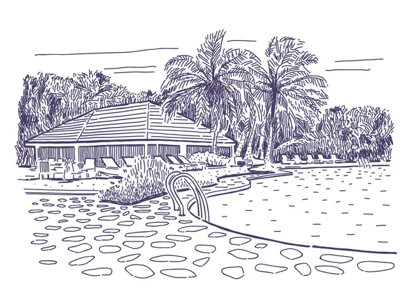 Hôtel tropical avec piscine — Image vectorielle