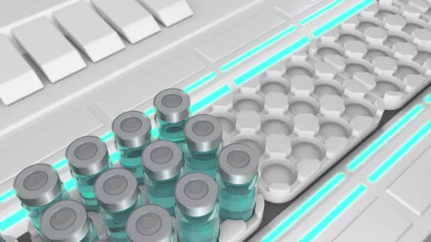 Automatische fabrieksmachine voor het vullen van injectieflacons met vaccin en geneesmiddelen 3D — Stockvideo