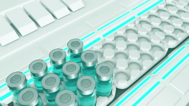 Automatische fabrieksmachine voor het vullen van injectieflacons met vaccin en geneesmiddelen 3D — Stockvideo
