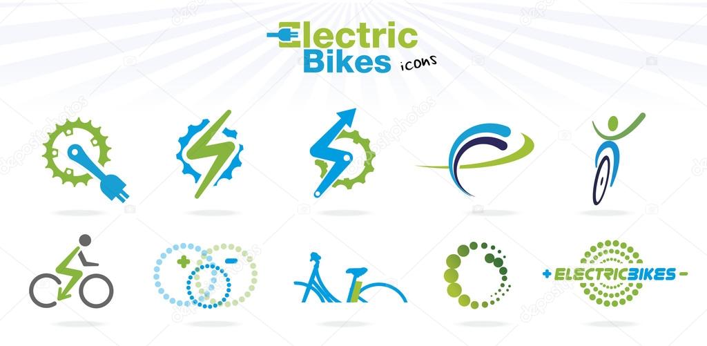 Collection of color electric bikes icons, isolated, vector illustration