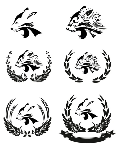 Collection of black floral silhouettes of panther head — Stock Vector