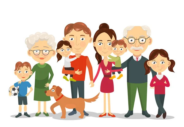 Большой и счастливый семейный портрет с детьми, родителями, бабушкой и дедушкой — стоковый вектор