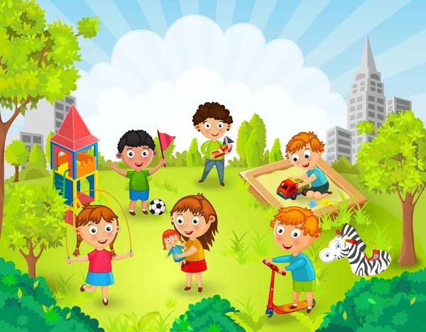 Niños jugando en la ilustración vectorial del parque — Vector de stock