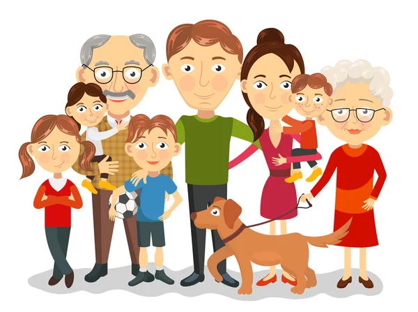 Büyük ve mutlu aile portresi ile çocuk, anne-babalar, büyükanne ve büyükbaba illüstrasyon vektör — Stok Vektör