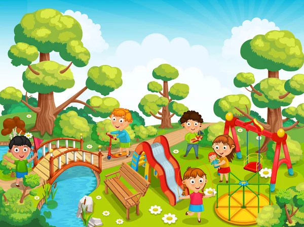 Τα παιδιά παίζουν με τα παιχνίδια στην παιδική χαρά του πάρκου διανύσματος. — Διανυσματικό Αρχείο