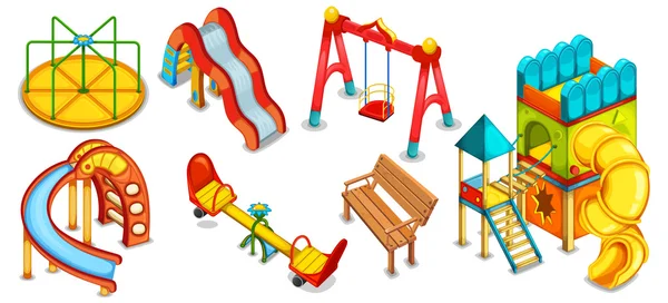 Um conjunto de ilustrações do parque infantil. Equipamento para brincar. Casa de brincar. Deslizamentos, oscilações e rotundas . — Vetor de Stock