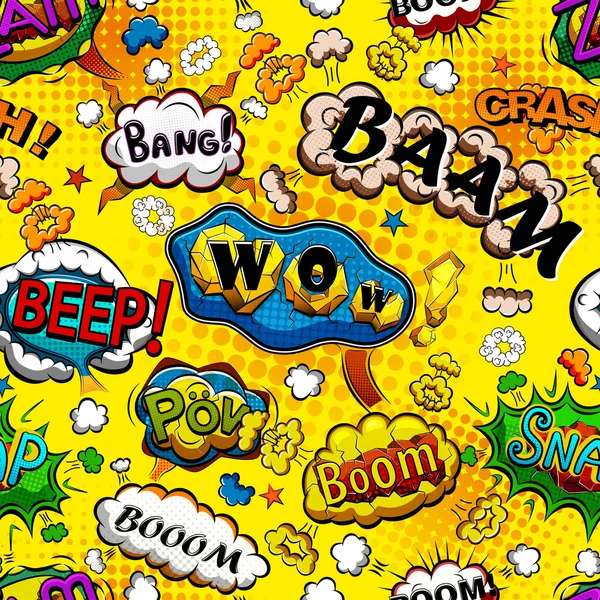 Burbujas de habla cómica patrón sin costura con vector de fondo amarillo — Archivo Imágenes Vectoriales