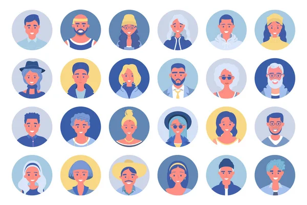 İnsanlar avatar demeti seti. Kullanıcı portreleri. Farklı insan yüzü simgeleri. Erkek ve kadın karakterler. Gülümseyen erkek ve kadın karakterler. Düz çizgi film biçimi vektör çizimi
