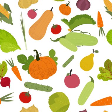 Düz bir tarzda sebzelerle kusursuz bir desen. Vektör illüstrasyonu