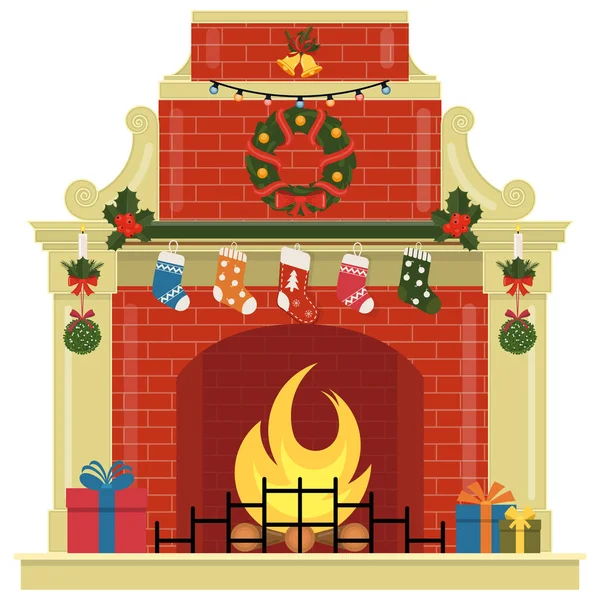 Chimenea Navidad Con Calcetines Regalos Decoraciones Corona Muestra Del Cartel — Vector de stock