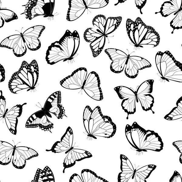 Black White Flying Butterflies Seamless Pattern Isolated White Background Vector — Stock Vector