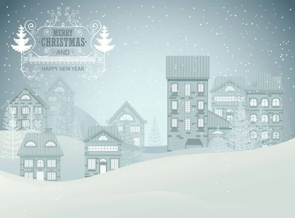 Città Invernale Paesaggio Notturno Natale Capodanno Concetto Biglietto Auguri Illustrazione — Vettoriale Stock