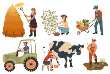 Tarım işçileri. Çiftçiler tarım yapar, eker ve mahsul toplarlar. Kadın inek sağıyor ve böğürtlen topluyor. Çizgi film karakterleri çiftçilik yapıyor. Vektör illüstrasyonu