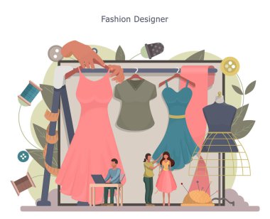 Moda tasarımcısı ya da terzi konsepti. Küçük terzi ustaları ölçü alıyor. Yaratıcı atölye mesleği. Vektör illüstrasyonu.