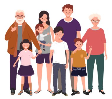 Büyük mutlu bir aileyiz. Baba, anne, büyükbaba, büyükanne ve çocuklar. Vektör illüstrasyonu