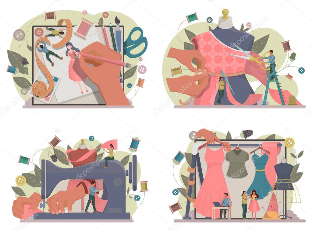 Fashion or clothes designer concept. Tiny tailor masters sewing clothes and working with a mannequin. Designing new collection in sewing studio. Dressmaker working on sewing machine. Vector.