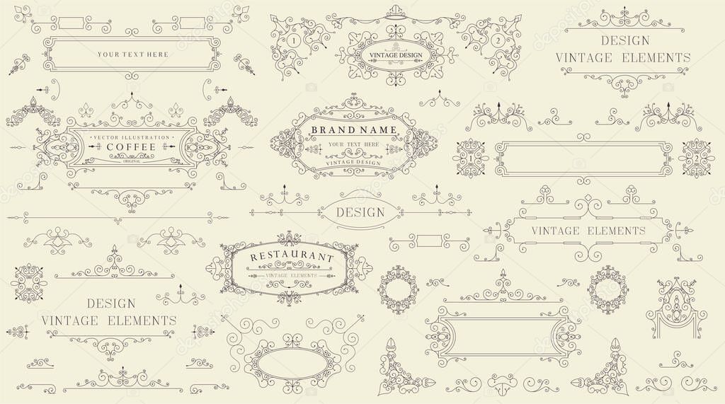 Decorative vintage set of thin calligraphic elements: borders, frames, dividers, ornaments, page decoration. Combinations for retro design, greeting cards, certificates and invitations. Vector illustration