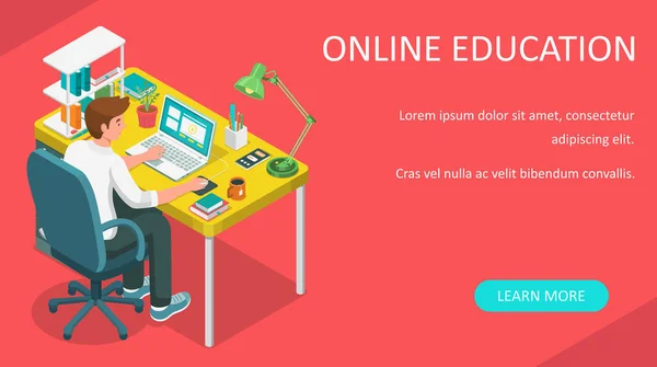 Online Lernen Hause Student Sitzt Schreibtisch Und Schaut Auf Laptop — Stockvektor