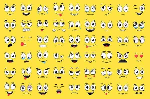 Zeichentrickgesichter Gesetzt Wütend Lachend Lächelnd Weinend Verängstigt Und Andere Ausdrücke — Stockvektor