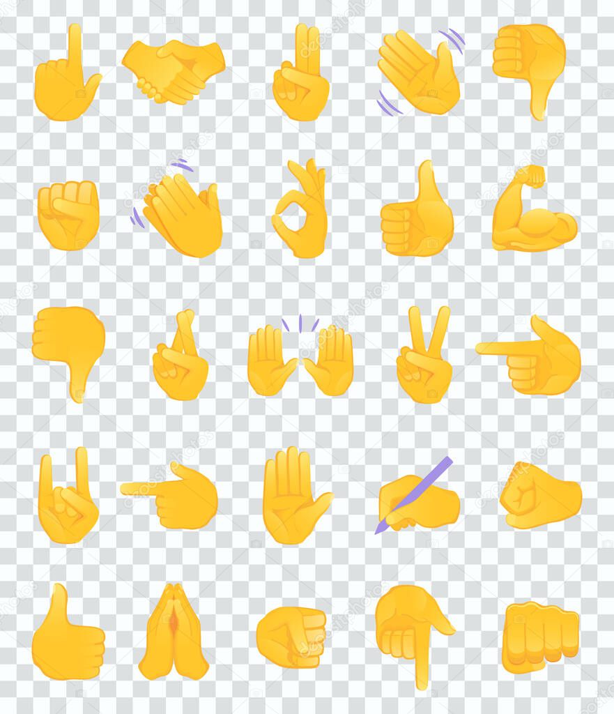 Hand gesture emojis icons collection. Handshake, biceps, applause, thumb, peace, rock on, ok, folder hands gesturing. Set of different emoticon hands isolated on transparent background vector illustration.