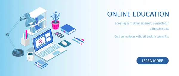 Online Lernen Hause Isometrische Komposition Mit Laptop Und Büchern Learning — Stockvektor