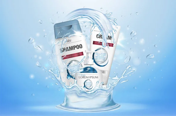 Shampoo Packaging Cream Tube Soap Bottle Blue Background Water Splash — Stok Vektör