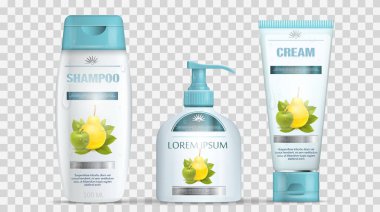 Şampuan ambalajı, krem tüpü, su damlası desenli sabun şişesi tasarımı. Kozmetik marka şablonu. Vücut bakım ürünleri. Vektör illüstrasyonu.