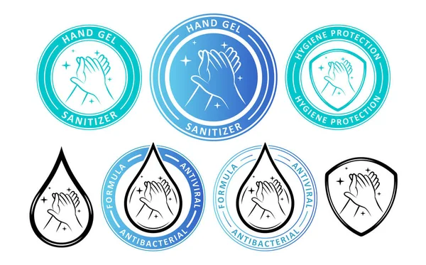 Χέρι Απολυμαντικό Ετικέτα Ασπίδα Και Λογότυπο Σταγόνα Νερό Διάνυσμα Αντισηπτικών — Διανυσματικό Αρχείο