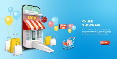 Cep telefonu uygulaması ya da web sitesi konsepti üzerinden alışveriş çevrimiçi. Dijital Pazarlama Tanıtımı. Smartphone as a Store 3D Vektör İllüstrasyonu