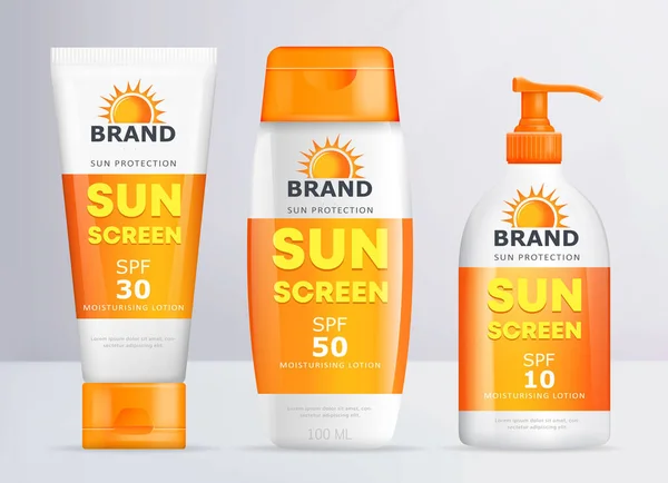 Sunscreen Set Yang Realistis Pelembab Lotion Template Tabung Pelindung Matahari - Stok Vektor