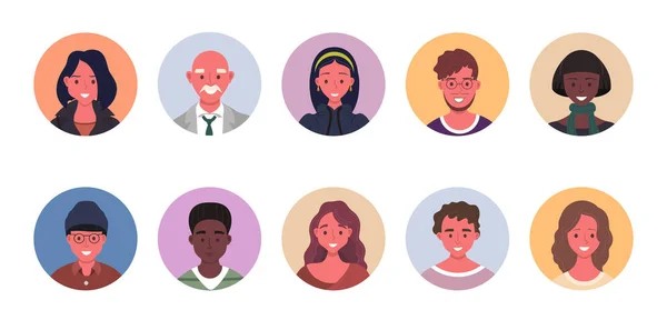 Pessoas Avatar Pacote Definido Retratos Usuários Círculos Diferentes Ícones Faciais —  Vetores de Stock