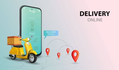 Scooter 'la online dağıtım hizmeti. Cep telefonundan alışveriş sitesi. Yemek siparişi konsepti. Web Banner, uygulama şablonu. Vektör illüstrasyonu